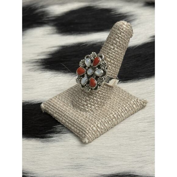 Native American Sterling Silver Red Coral Mother Pearl Cluster Flower Ring Adjst - Picture 10 of 13